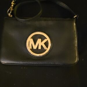 Michael Kors Black Leather Wristlet with Gold MK Medallion